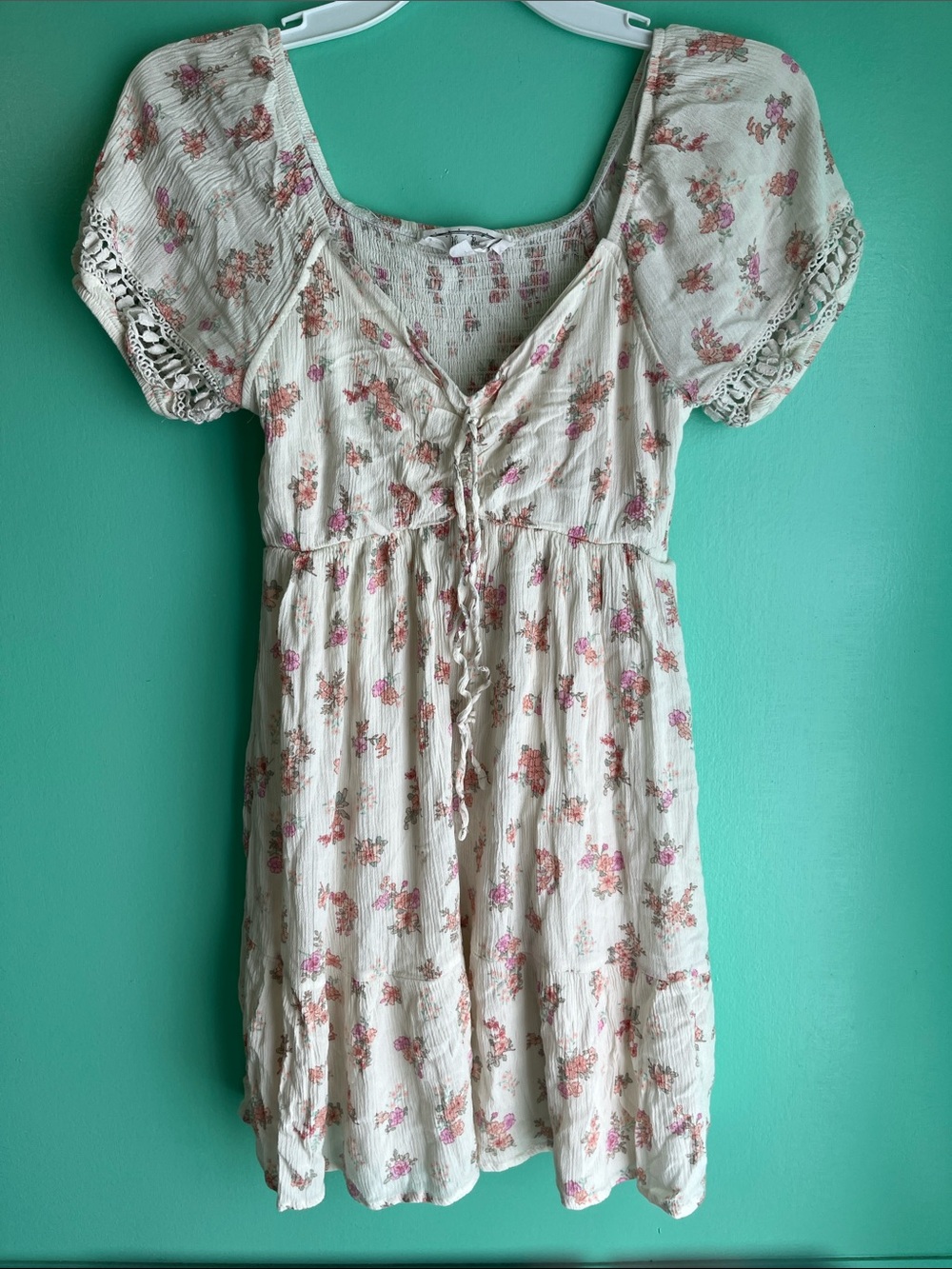 Floral Cream Peasant Dress with Lace Sleeves